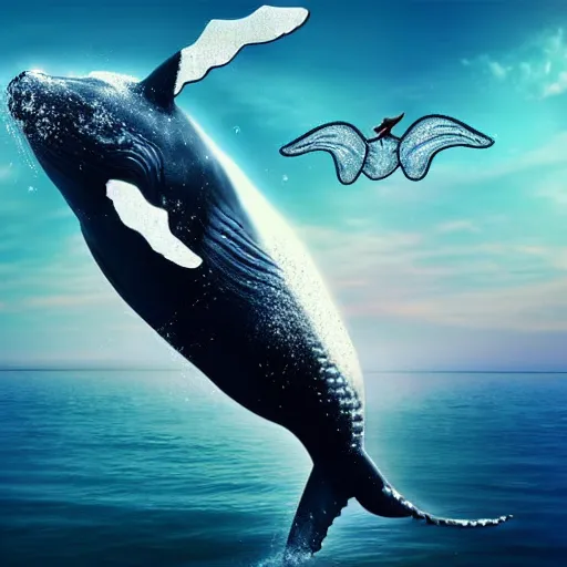 Image similar to photomanipulation of a whale that has tiny fairy wings, the wings are inspired by tooth fairy's wings, fully detailed, 4 k, real footage