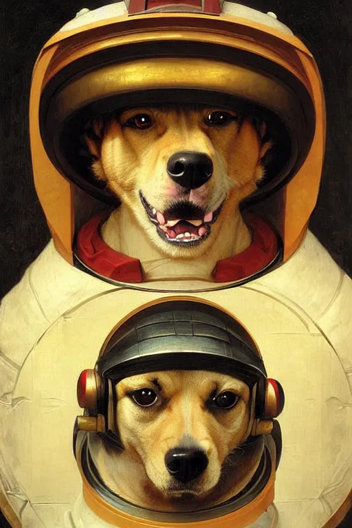 Image similar to portrait of a dog astronaut with chinese dragon armor and helmet, majestic, solemn, by bouguereau