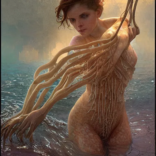 Prompt: a photograph of a creature made out of a humanoid nervous system submerged in the water, cinematic, volumetric lighting, f 8 aperture, cinematic eastman 5 3 8 4 film, photorealistic by greg rutkowski, by stanley artgerm, by alphonse mucha