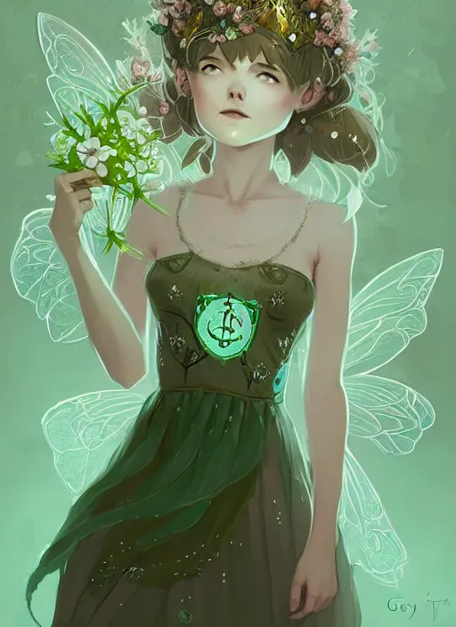 Image similar to cute fairy girl with crown of flowers in transparent clothing covered with celtic rune tattoos, fantasy, by atey ghailan, by greg rutkowski, by greg tocchini, by james gilleard, by joe gb fenton, by in kaethe butcher, dynamic lighting, gradient light green, brown, blonde cream and white color in scheme, grunge aesthetic