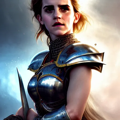 Prompt: an epic portrait of Emma Watson as a tall female warrior with massive plate armour by Stanley Artgerm Lau, Diego Gisbert Llorens, Mark Brooks, Charlie Bowater, no helmet, big white glowing wings, long red hair, very detailed face, insanely detailed and intricate, vivid and vibrant, highly detailed, cinematic lighting, concept art, artstation