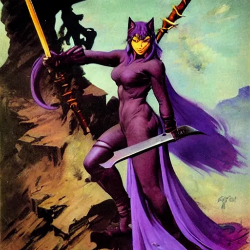 Prompt: purple catgirl with magic sword. by frank frazetta