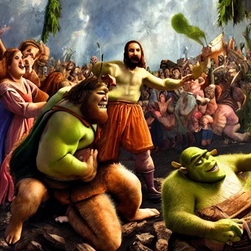 Image similar to Jesus Christ battling shrek in heaven