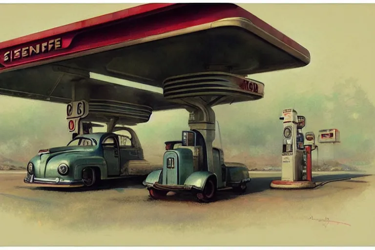 Prompt: ( ( ( ( ( 1 9 5 0 s retro science fiction gas station. muted colors. ) ) ) ) ) by jean - baptiste monge!!!!!!!!!!!!!!!!!!!!!!!!!!!!!!