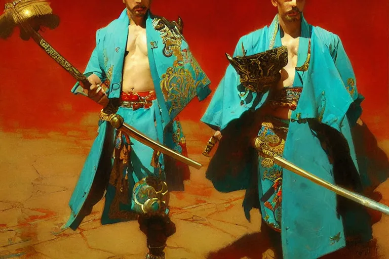 Image similar to turquoise samurai painting by gaston bussiere, craig mullins, j. c. leyendecker, tom of finland,