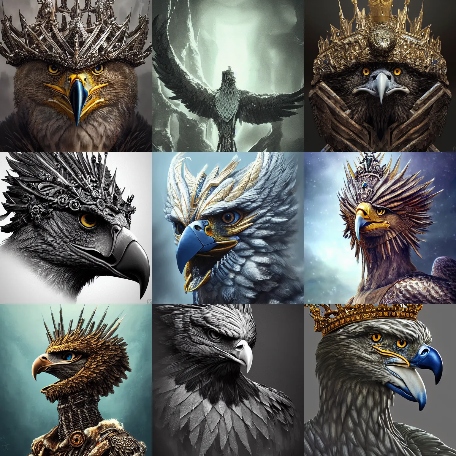 Prompt: Very very very very highly detailed epic photo of verreaux eagle with a small crown on it’s head , intricate, dystopian, sci-fi, extremely detailed, digital painting, artstation, concept art, smooth, sharp focus, illustration, intimidating lighting, incredible art