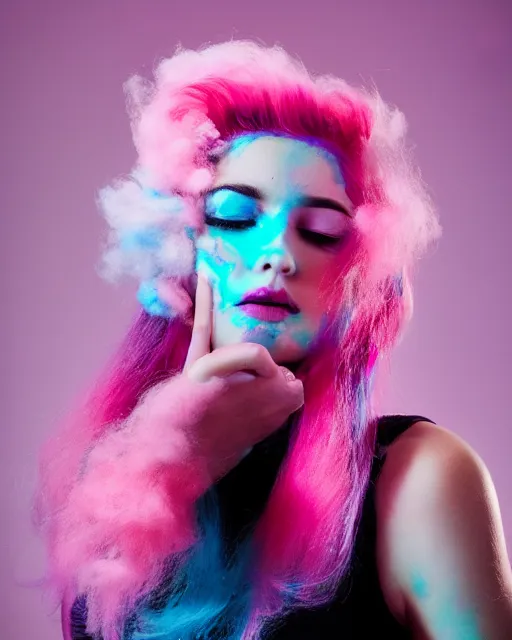 Image similar to a dramatic lighting photo of a beautiful young woman with cotton candy hair. blood splashes with a little bit of cyan and pink