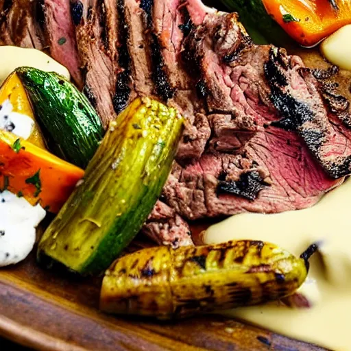 Image similar to delicious 3 2 mm zoomed in adversities photography of a large smoked and seasoned steak well done, with a side seasoned grilled vegetables top in a creamy mozzarella cheese sauce, on a hot platter, very delicious