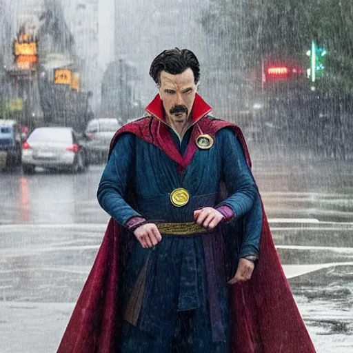 Image similar to doctor strange waiting for the bus during a rainy day, award winning candid photography