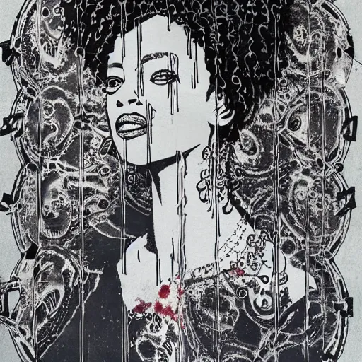 Prompt: a portrait of a black woman with side profile blood in ocean intricate details by MARVEL comics and banksy