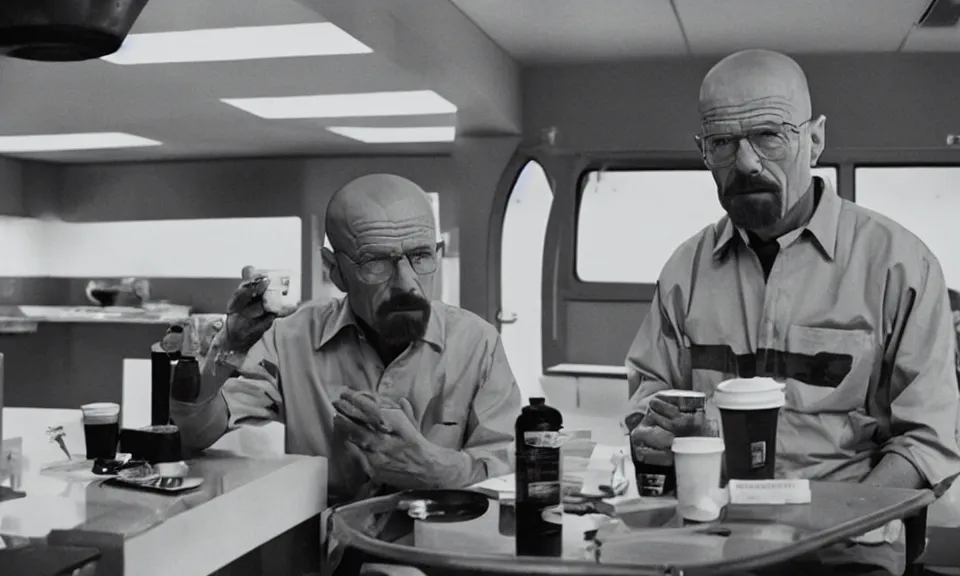 Image similar to 3 5 mm film still, walter white having a coffee break in space