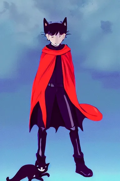 Image similar to little boy with cat ears in an big black outfit with red cape. digital artwork made by lois van baarle and kentaro miura, sharpness focus, inspired by hirohiko araki, anatomically correct, heroic composition, hero pose, smooth, noir