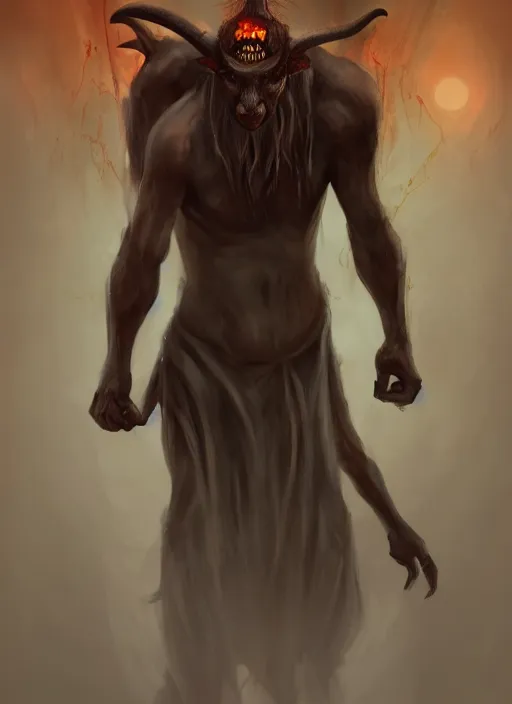 Image similar to terrific jinn demon in with hoof on his feet and goat face with long cloth, horror, dark atmosphere, harsh lighting, cinematic lighting, scary, award wining art, artstation, high details, concept art, 4 k