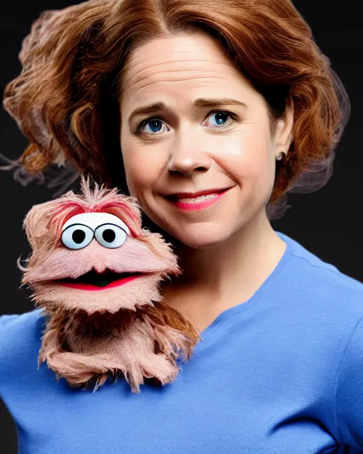 Image similar to pam beesley as a muppet. highly detailed felt. hyper real photo. 4 k.