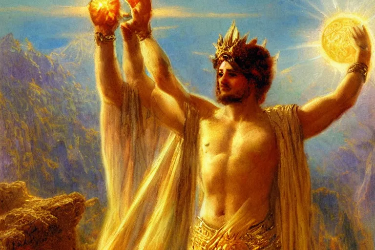 Image similar to illustration of a mythical hero standing at the top of a mountain with the sun in his hands, holding it up to shine over the world. mythology. art by gaston bussiere.