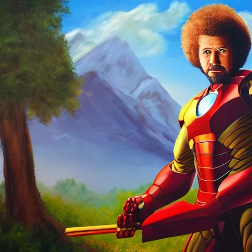 Prompt: a closeup photorealistic photograph of bob ross painting a canvas of iron man. mountains and trees. film still. brightly lit scene. this 4 k hd image is trending on artstation, featured on behance, well - rendered, extra crisp, features intricate detail, epic composition and the style of unreal engine.