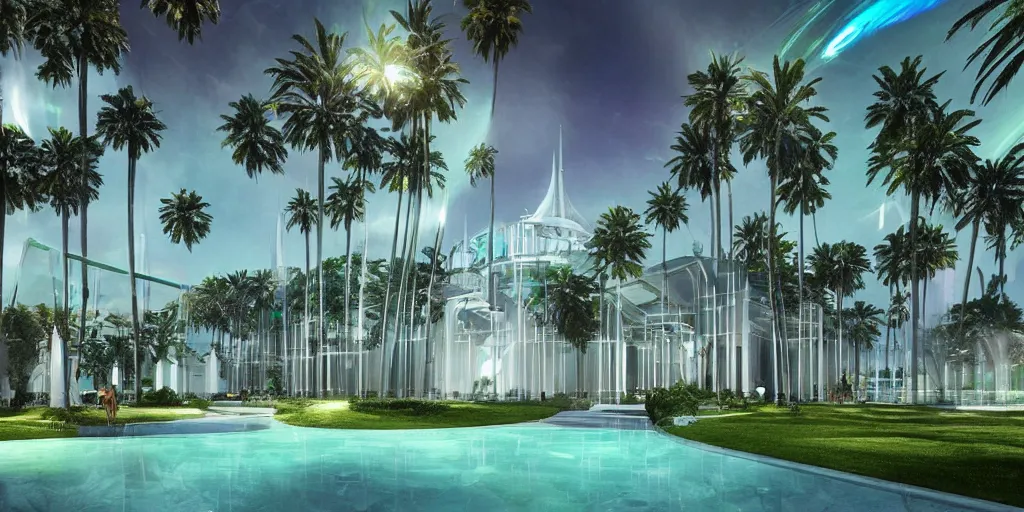 Prompt: futuristic translucent iridescent mosque exterior, hive power architecture, lush lawn, palm trees, by Buckminster Fuller and photo by denis villeneuve , inspired by Mining by Risa lin on art station