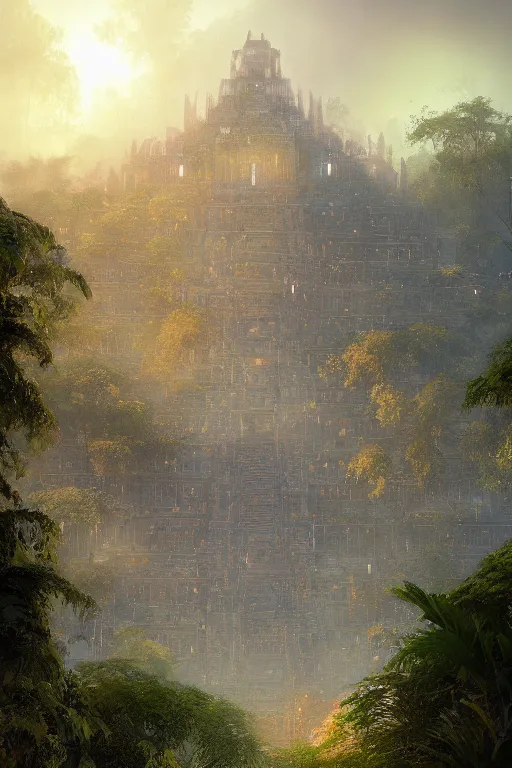 Image similar to old aztec city of gold in the middle of the forest, intricate, elegant, volumetric lighting, digital painting, highly detailed, artstation, sharp focus, illustration, concept art, ruan jia, steve mccurry