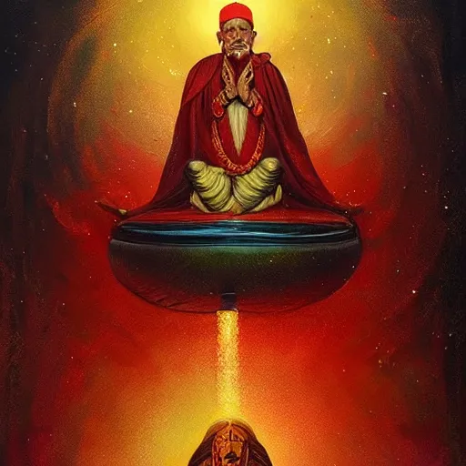 Image similar to wise old Indian guru, floating in the air, red and gold, by Anato Finnstark, Tom Bagshaw, Brom