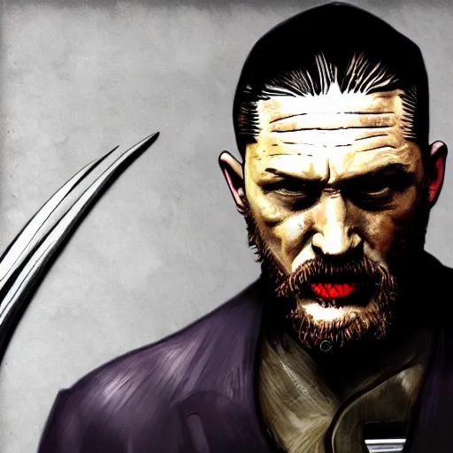 Image similar to Tom Hardy in wolverine suit Digital art 4K quality Photorealism