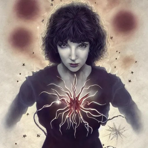 Image similar to kate bush battling vecna from stranger things, exquisite airbrush painting from the eighties, intricate detail, artstation,