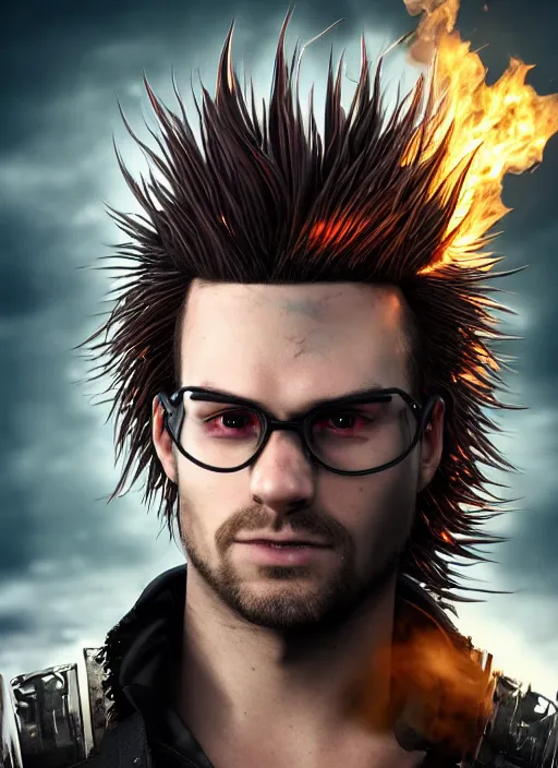 Image similar to An epic fantasy comic book style portrait painting of young man with red spiked long hair, using googles. Wearing a black waistcoat, white shirt. Fire on his hands. Unreal 5, DAZ, hyperrealistic, octane render, cosplay, RPG portrait, dynamic lighting