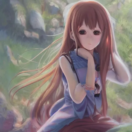 Image similar to oil painting of anime girl, trending on artstation, by ghibli, detailed, trending on pixiv