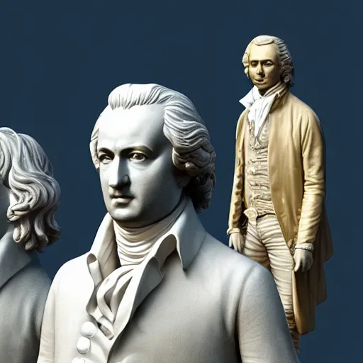 Image similar to mozart and beethoven and bach and liszt all standing next to each other, they're all statues, octane render, 8 k, highly detailed, hyper - realistic.