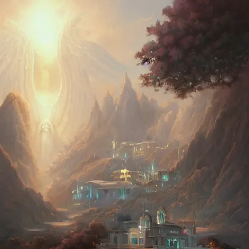 Prompt: greek inspired town of white buildings built on the mountain of a beach-side overlook, heavenly, otherworldly, angelic, glowing, octane rendered, Peter Mohrbacher