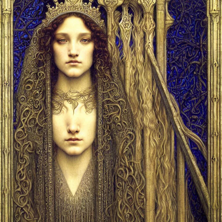 Image similar to detailed realistic beautiful young medieval queen face portrait by jean delville, gustave dore and marco mazzoni, art nouveau, symbolist, visionary, gothic, pre - raphaelite. horizontal symmetry