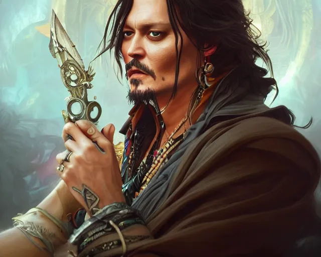 Image similar to photography of johnny depp, deep focus, d & d, fantasy, intricate, elegant, highly detailed, digital painting, artstation, concept art, matte, sharp focus, illustration, hearthstone, art by artgerm and greg rutkowski and alphonse mucha