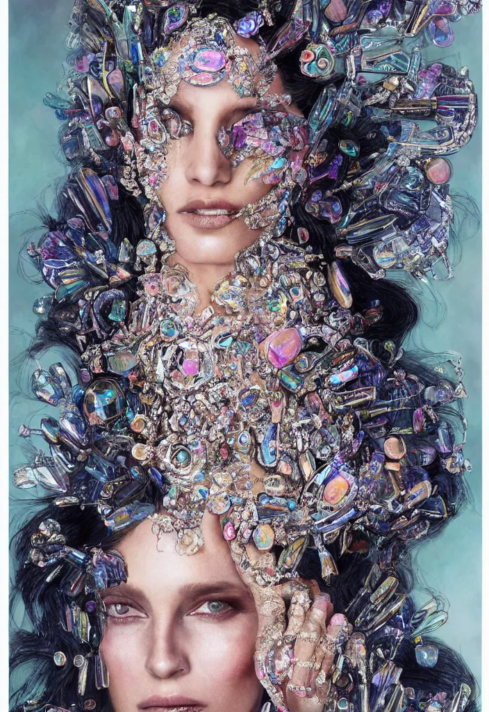 Prompt: a portrait of beautiful queen made of crystal and opal , future fashion, Harpers Bazaar, Vogue magazine, insanely detailed and intricate, concept art, close up