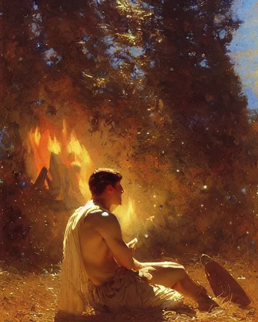 Image similar to very very attractive man counts the stars from beside the fire, his tent is nearby, melancholy, nostalgia, painting by gaston bussiere, craig mullins, j. c. leyendecker