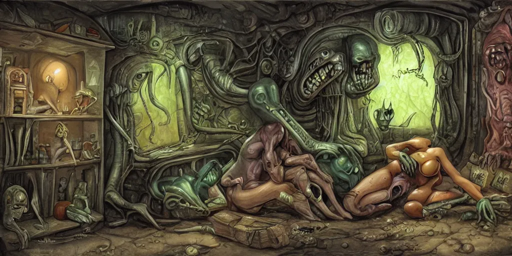 Image similar to a damp hoarders basement where a scary looking alien and a women sleep, in the style of Boris Vallejo