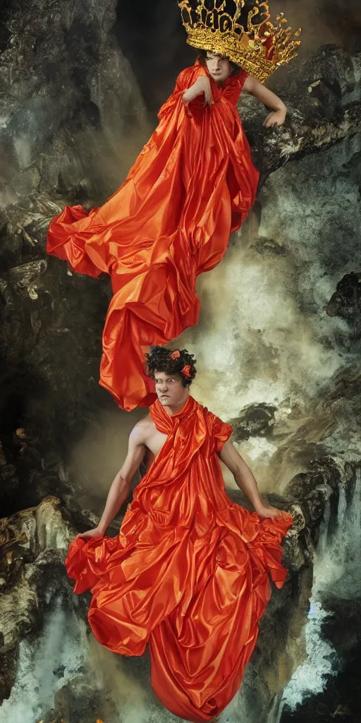 Prompt: young Harry Styles wearing a firey red and orange tissue paper with a golden crown and a black prince tuxedo by Prada. bubbling pools of lava in the crater of a volcano. ethereal, fantasy, Lawrence Alma-Tadema, James Jean, oozium, peter morbacher, angelarium, alchemy, luxury, heavenly light, Soft illumination, Trending on artstation, Cinematic Lighting, very detailed, 3D, octane render, artgerm