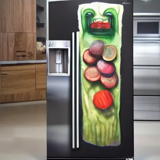 Prompt: A fridge eating a human realistic, detailed