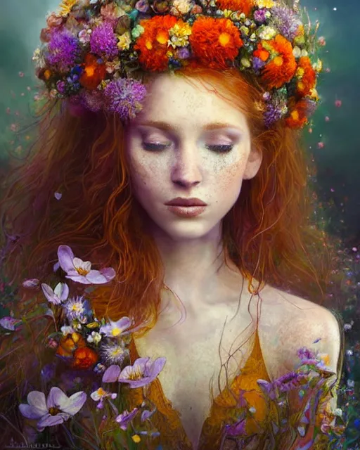 Image similar to cute female bride swathed in flowers, perfect face, tiara, ginger hair, abs, cinematic, freckles, stunning, athletic, strong, agile, highly detailed, psychedelic, digital painting, artstation, smooth, hard focus, illustration, art by jessica rossier and and brian froud