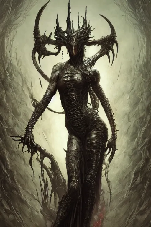 Image similar to portrait of claudia black by hr giger, greg rutkowski, luis royo and wayne barlowe as a diablo, resident evil, dark souls, bloodborne monster
