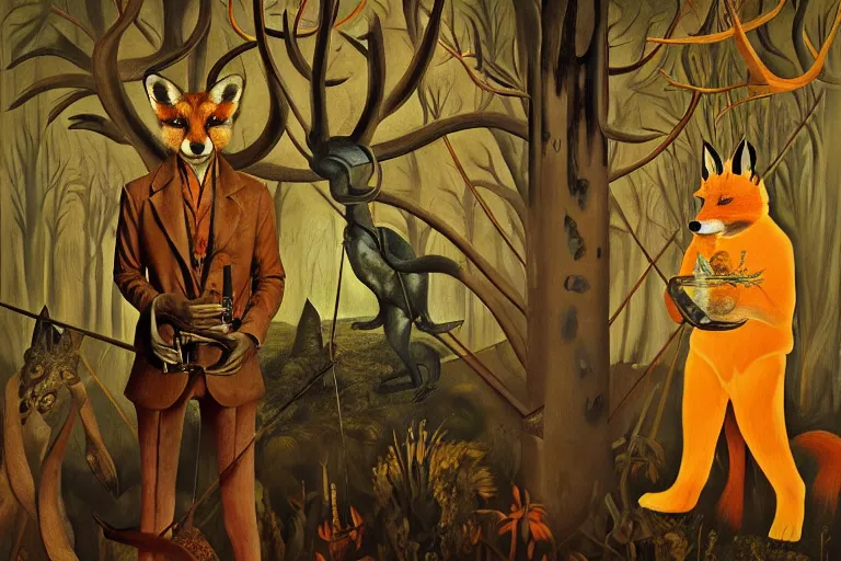 Image similar to ( ( a beautiful masterpiece painting ) a english fox hunter and a monster in a hunting lodge ( by ( remedios varo ) and ( anato finnstark ) and ( greg rutkowski ) and ( andy warhol ) and i ( francis picabia ) ) ( camouflage ) ( hyperrealism ) ( trending on artstation )