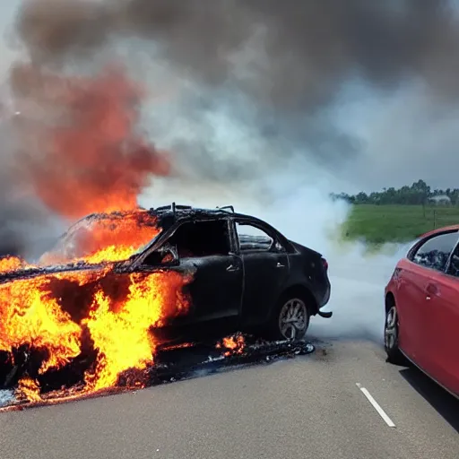 Prompt: drone footage of a car fire, photo realistic, award winning