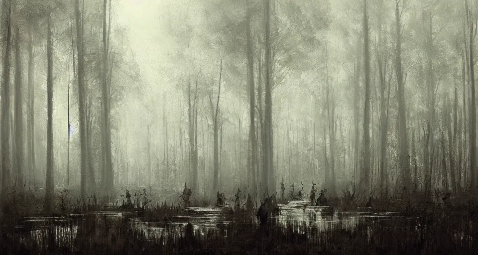 Image similar to A dense and dark enchanted forest with a swamp, by JAKUB ROZALSKI