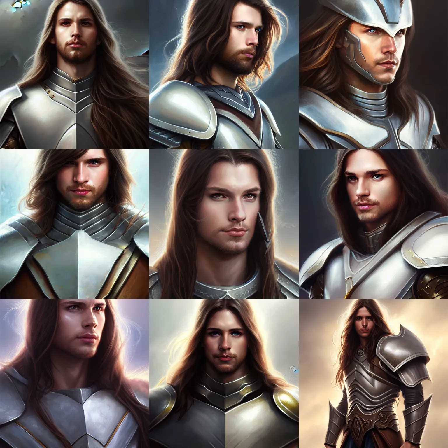 Prompt: long brown hair, male, white armor, lightning, D&D, fantasy, portrait, highly detailed, digital painting, trending on artstation, concept art, sharp focus, illustration, art by artgerm and greg rutkowski and magali villeneuve