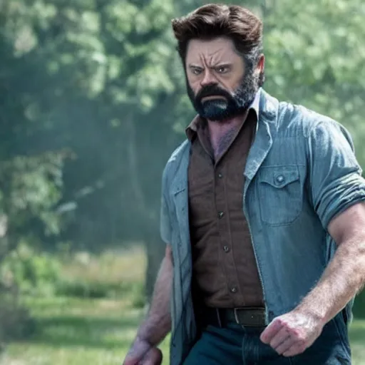 Prompt: logan pictured as nick offerman in wolverine x - men suit, marvel movie still, detailed 8 k, imdb poster style