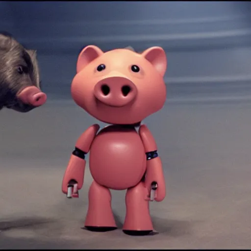 Image similar to movie still of a pig shaped robot