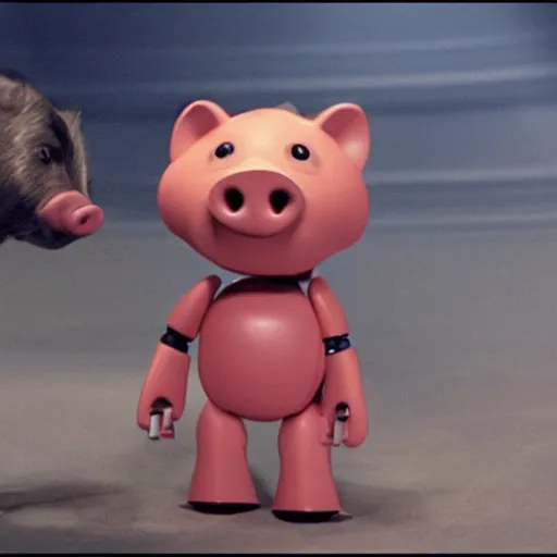 Prompt: movie still of a pig shaped robot