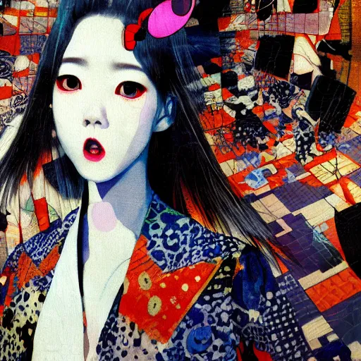 Prompt: yoshitaka amano blurred and dreamy realistic three quarter angle portrait of a k - pop idol with black lipstick and black eyes wearing dress suit with tie, junji ito abstract patterns in the background, satoshi kon anime, noisy film grain effect, highly detailed, renaissance oil painting, weird portrait angle, blurred lost edges