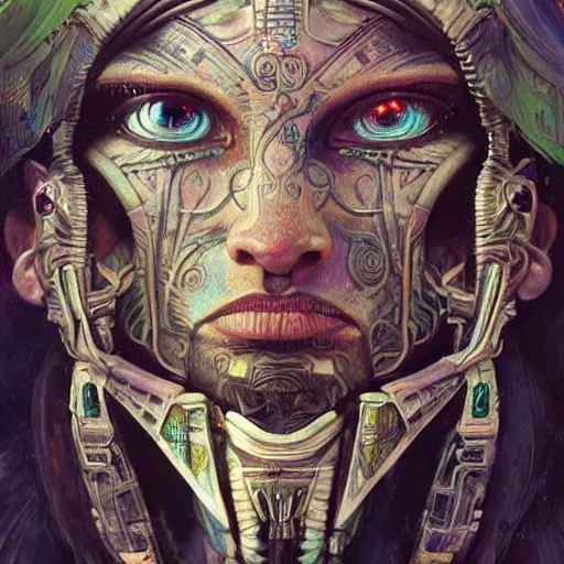 Image similar to An Alien Robot Mayan Ruler, facial tattoos, artists portrait, biomechanical, wild jungle, fantasy, highly detailed, digital painting, concept art, sharp focus, depth of field blur, illustration, art by artgerm and greg rutkowski and alphonse mucha