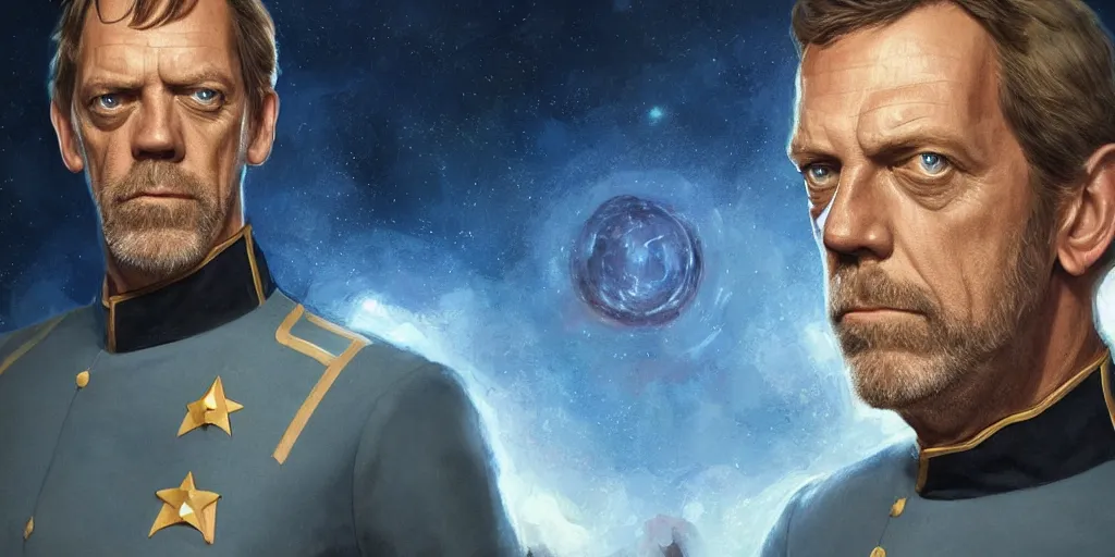 Image similar to portrait of Hugh Laurie wearing his starfleet captains uniform, close face shot, realistic character concept, high fantasy, light atmosphere, golden ratio, cinematic lighting, hyperdetailed, high resolution, insanely detailed and intricate, artstation, Marc Simonetti, Greg Rutkowski