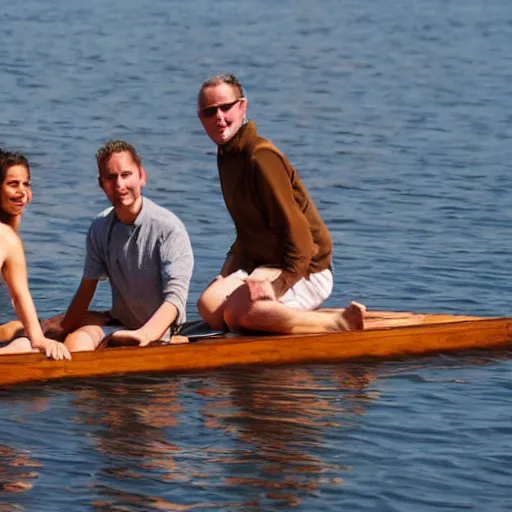 Image similar to four people on a wooden raft