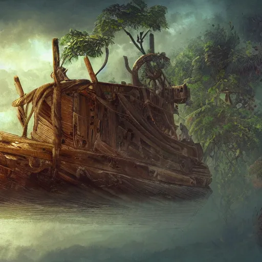 Image similar to Wrecked wooden ship on the top of jungle trees, 8k, detailed, concept art, trending on artstation